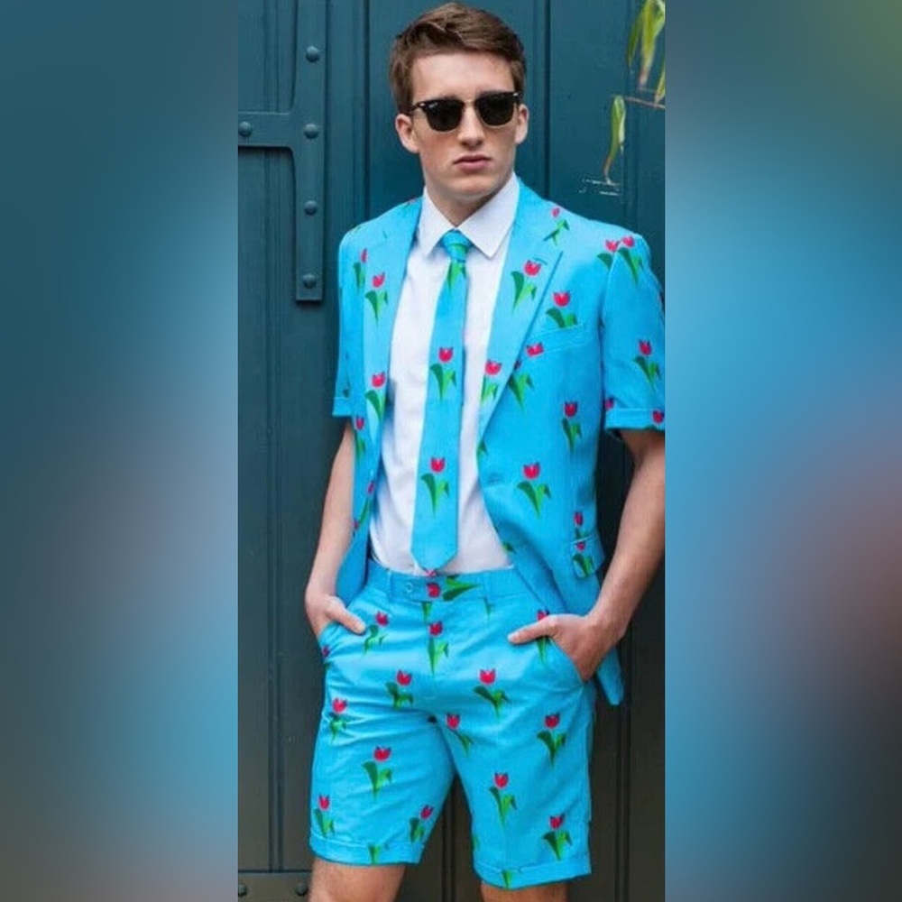 OppoSuits Bright Blue Tulip Print Short Suit with Tie